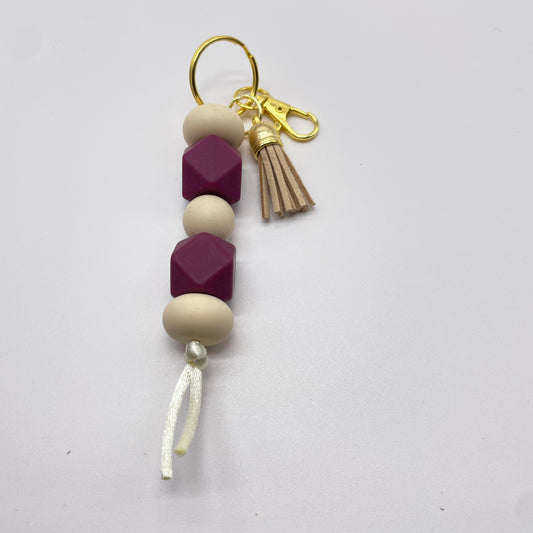 Burgandy + Beige Hexagon Silicone Bead Keychain