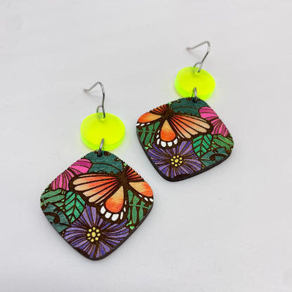 Butterfly Blooms w/ Neon Yellow Drop Dangle Earrings