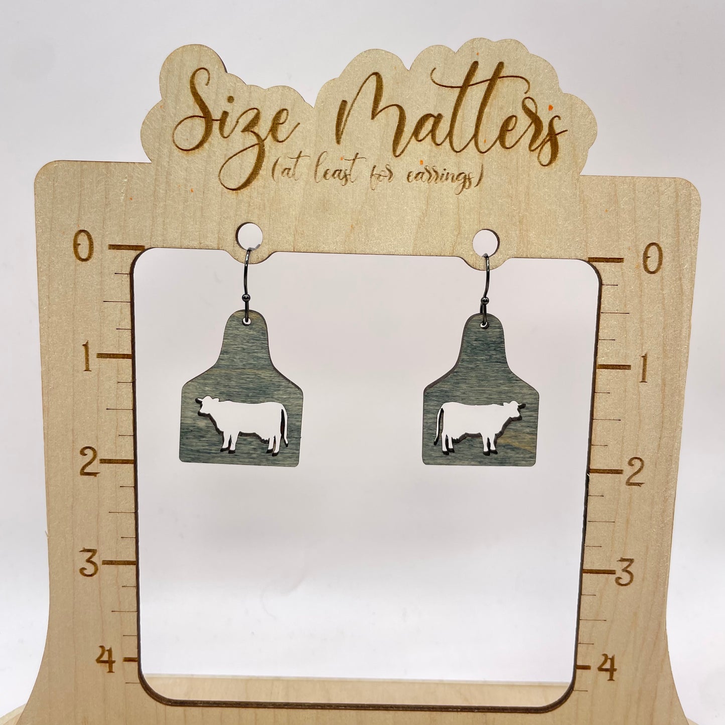 Cow (cutout) Cattle Tag Grey Drop Dangle Earrings