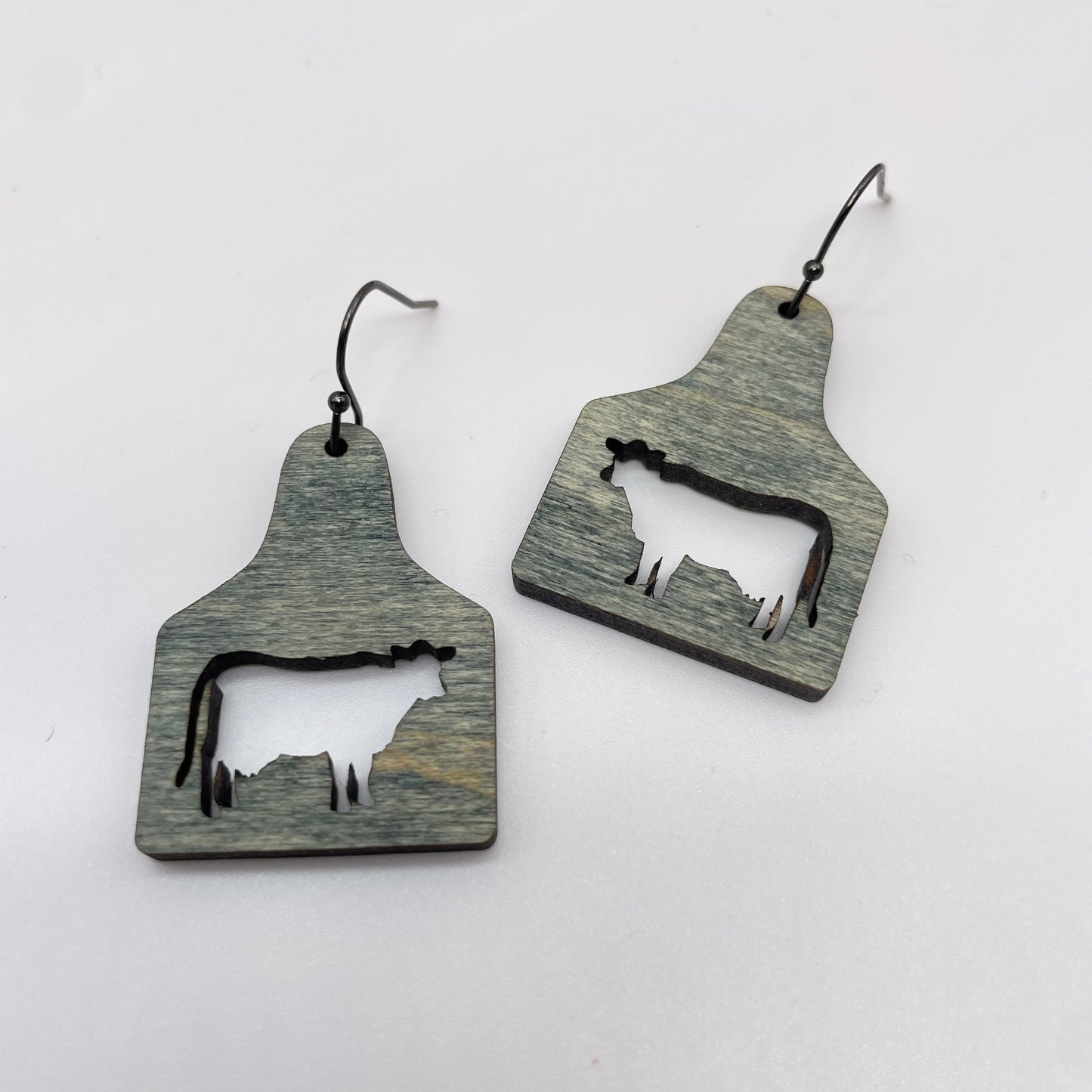 Cow (cutout) Cattle Tag Grey Drop Dangle Earrings