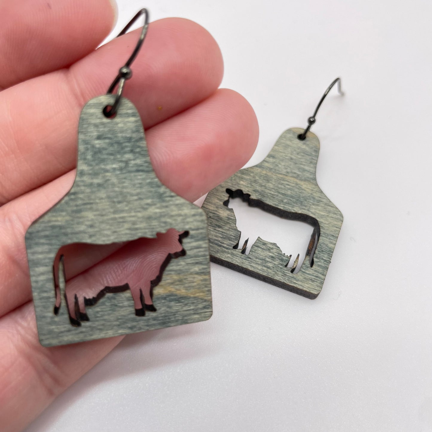 Cow (cutout) Cattle Tag Grey Drop Dangle Earrings