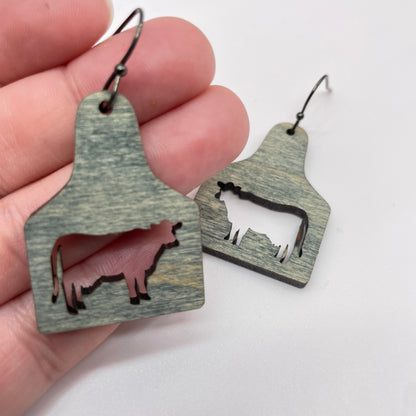 Cow (cutout) Cattle Tag Grey Drop Dangle Earrings