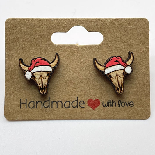 Cow Skull with Santa Hat Stud Earrings