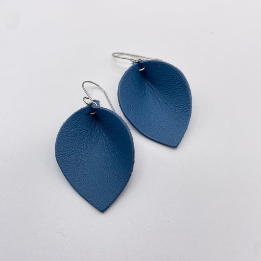 Dark Blue Pinched Petal Leather Drop Dangle Earrings