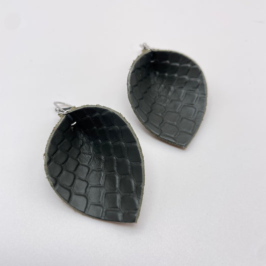 Dark Grey Pebble Pinched Petal Leather Drop Dangle Earrings