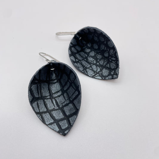 Dark Grey Rubble Pinched Petal Leather Drop Dangle Earrings