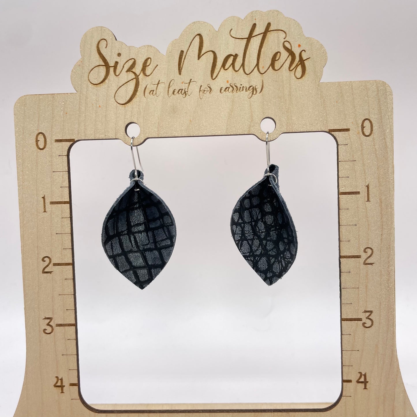 Dark Grey Rubble Pinched Petal Leather Drop Dangle Earrings