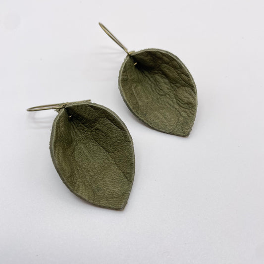 Dark Green Pinched Petal Leather Drop Dangle Earrings