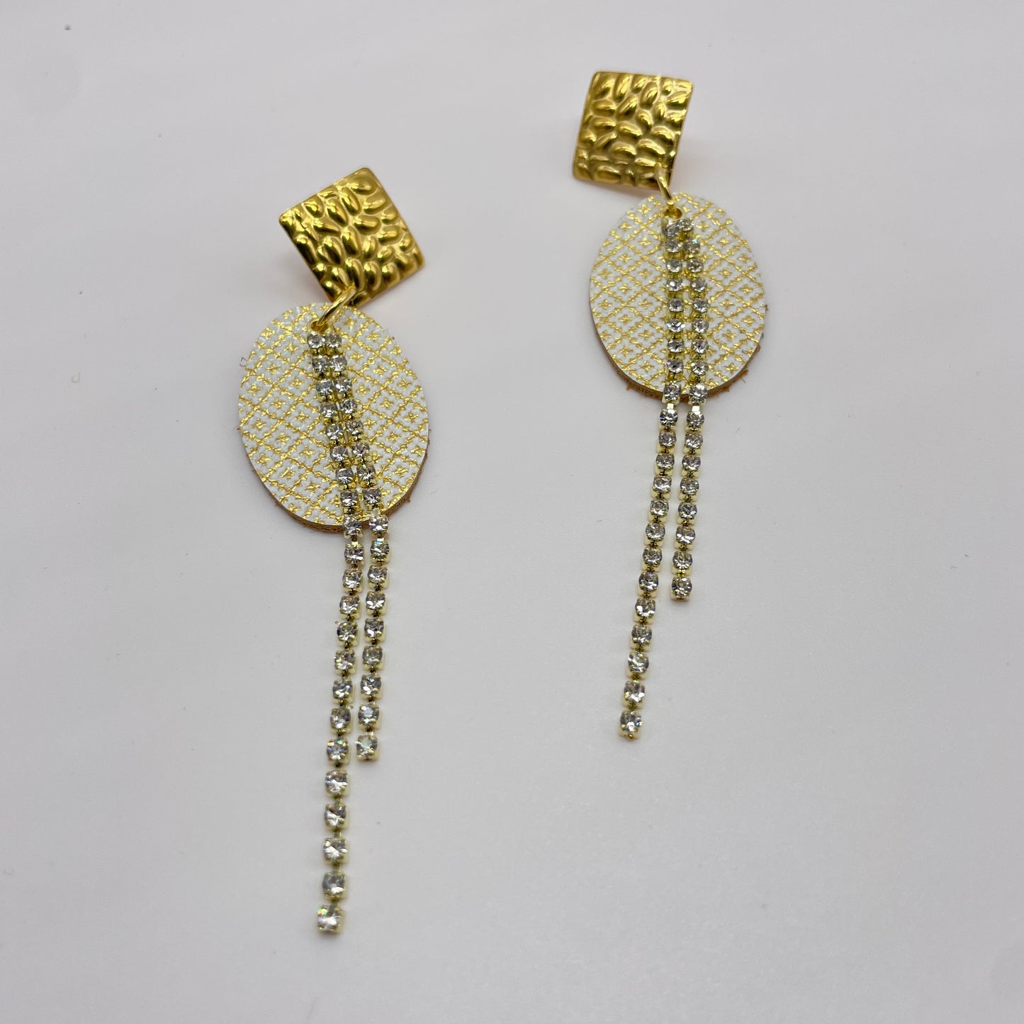 Fancy Cream Leather Gold Stud Dangle Earrings