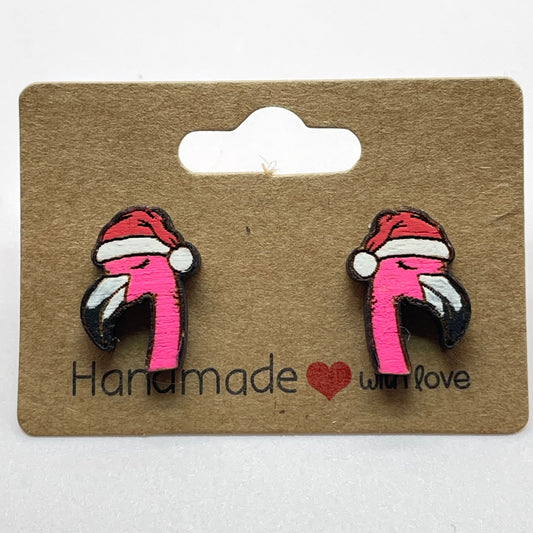 Flamingo with Santa Hat Stud Earrings