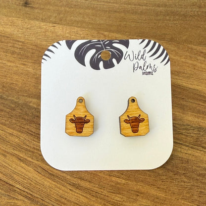 Cow Head with Horns Cattle Tag Stud Earrings