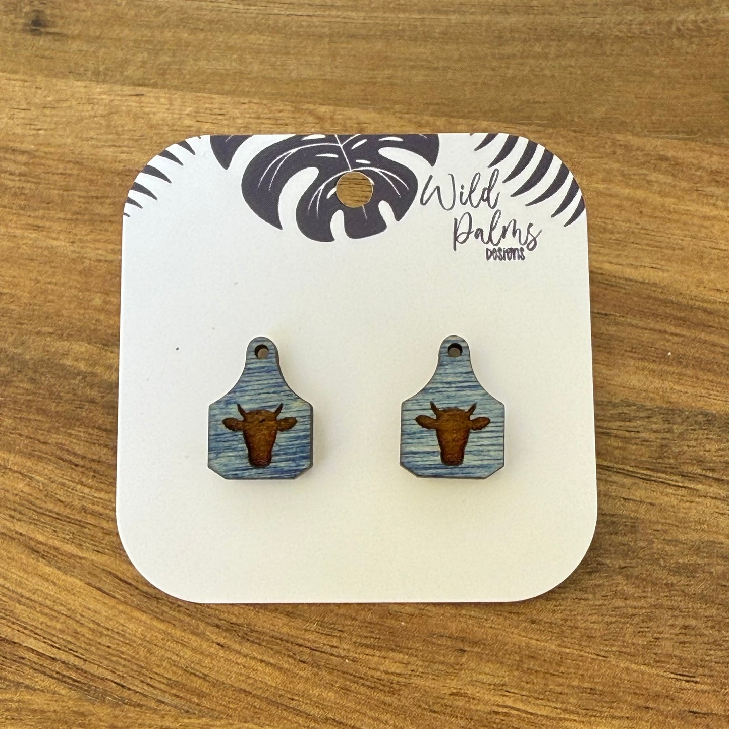 Cow Head with Horns Cattle Tag Stud Earrings