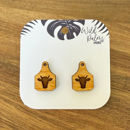 Cow Head with Horns Cattle Tag Stud Earrings