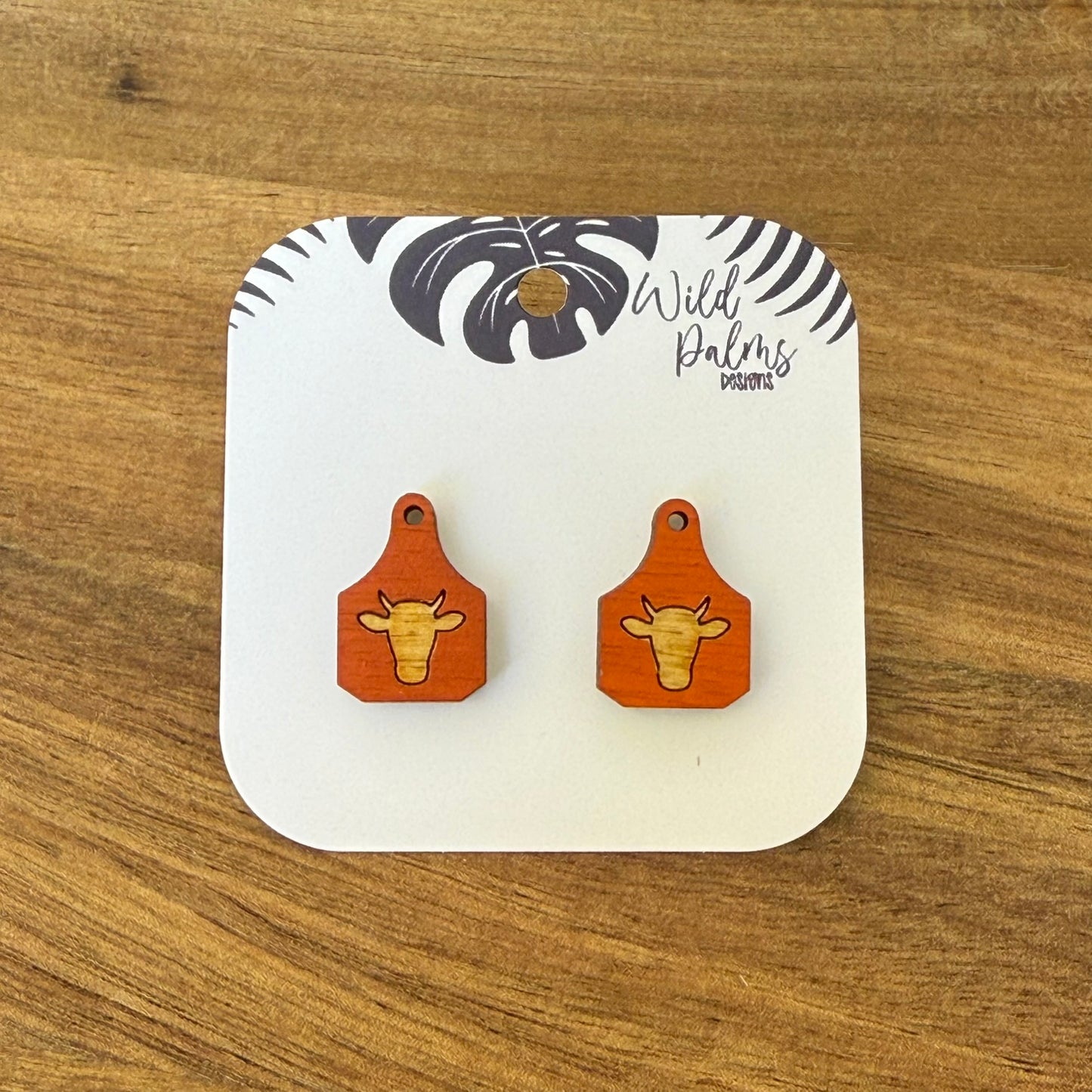 Cow Head with Horns Cattle Tag Stud Earrings