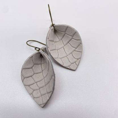 Grey Pinched Petal Leather Drop Dangle Earrings