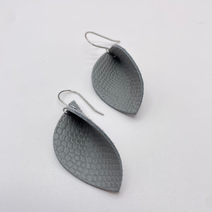 Subtle Grey Snake Skin Pinched Petal Leather Drop Dangle Earrings