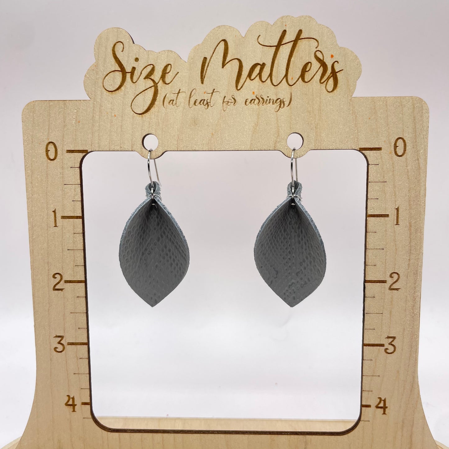 Subtle Grey Snake Skin Pinched Petal Leather Drop Dangle Earrings