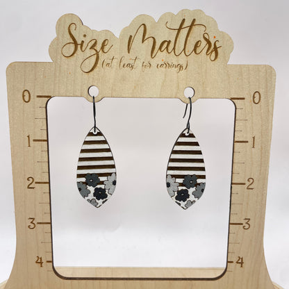 Grey Toned Floral Stripes Drop Dangle Earrings