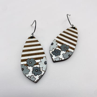 Grey Toned Floral Stripes Drop Dangle Earrings