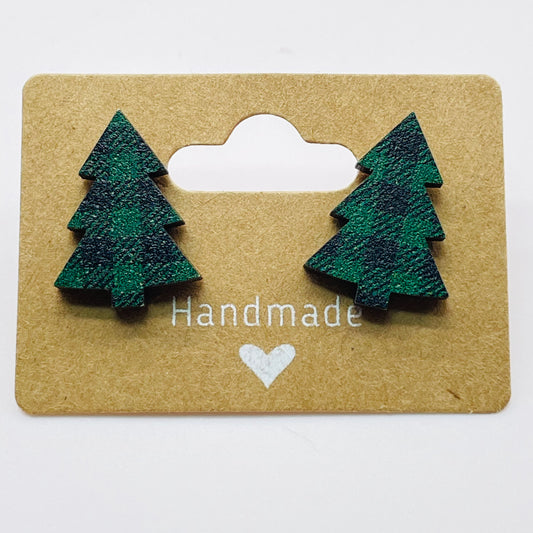 Green Buffalo Plaid Tree (Large) Stud Earrings