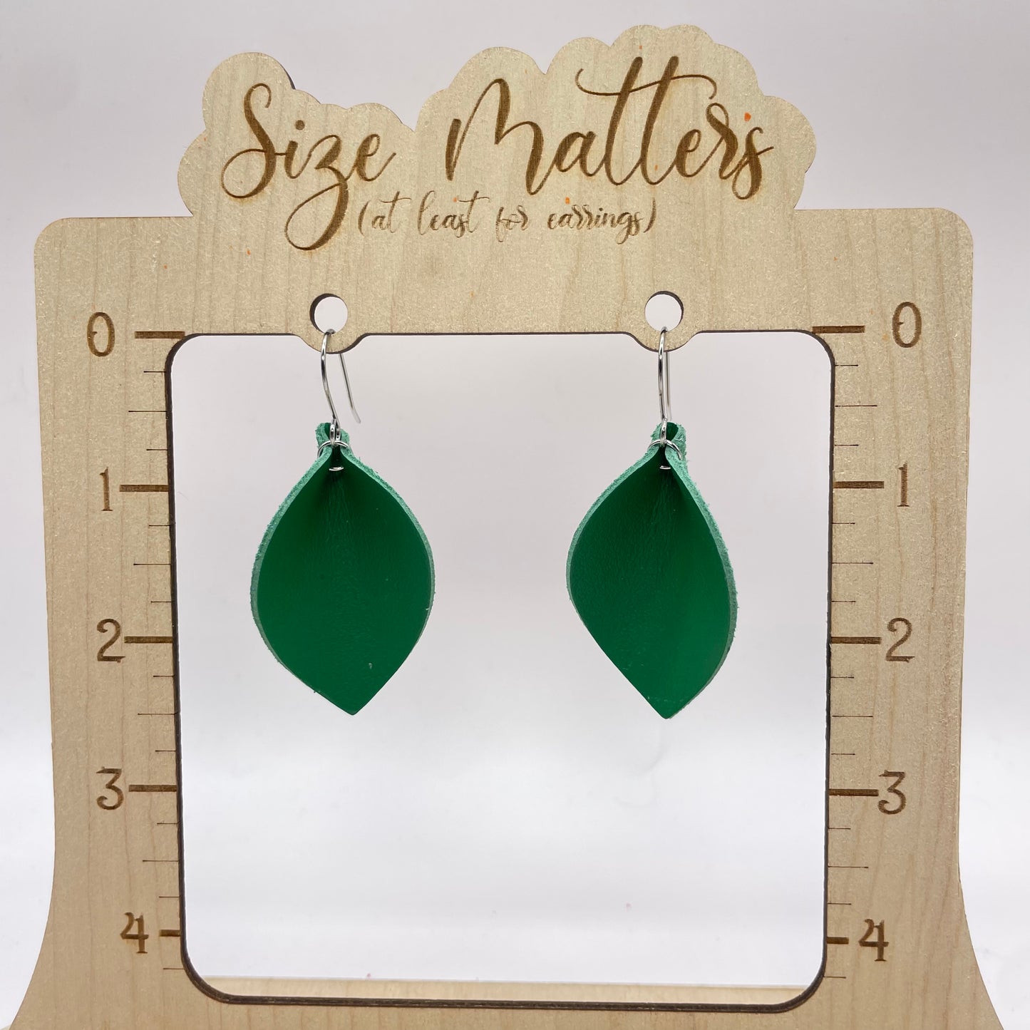 Green Pinched Petal Leather Drop Dangle Earrings