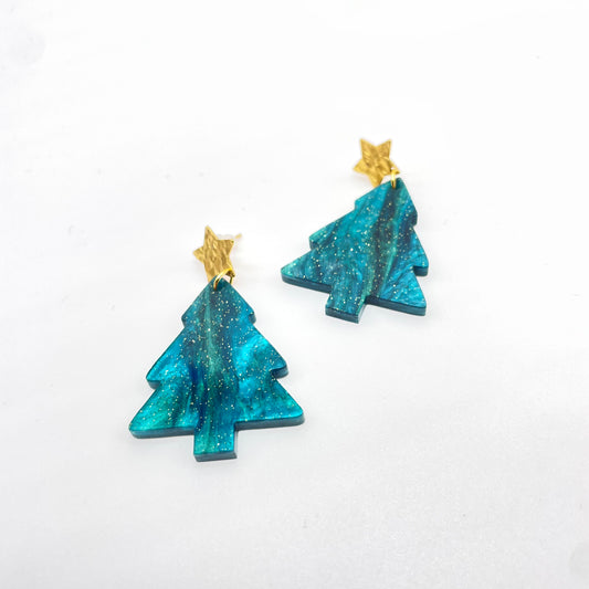 Christmas Tree Swirl Gold Star Stud Dangle Earrings