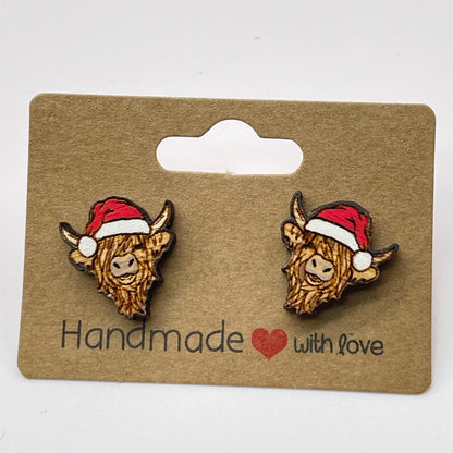 Highland Cow with Santa Hat Stud Earrings