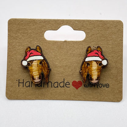 Horse with Santa Hat Stud Earrings