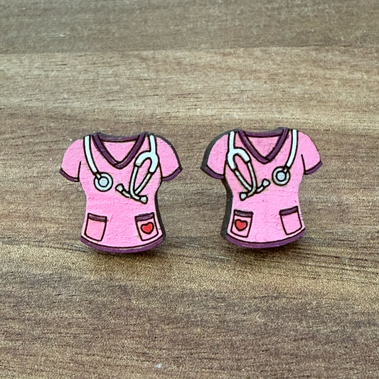Scrub Top with Stethoscope Stud Earrings