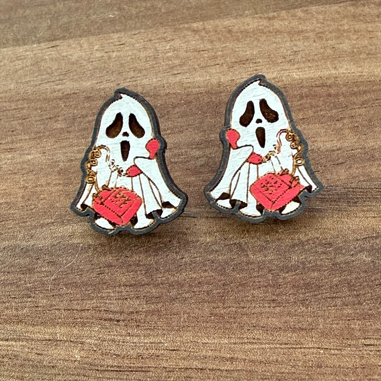 Ghost with Red Phone Stud Earrings