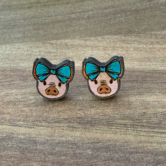 Pig w/ Bow Stud Earrings