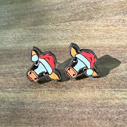 Large Cow with Santa Hat Stud Earrings