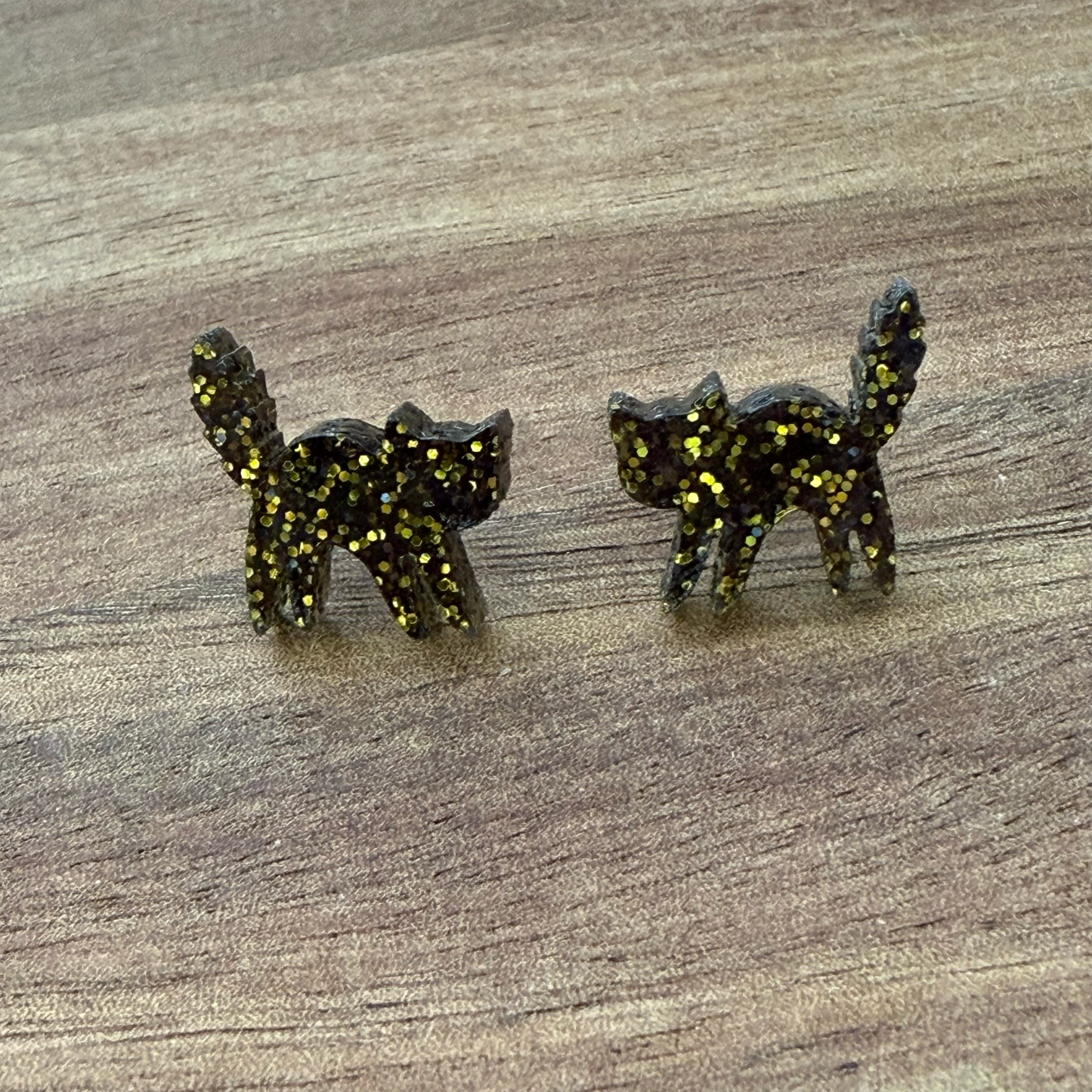Black Cat with Gold Glitter Acrylic Stud Earrings