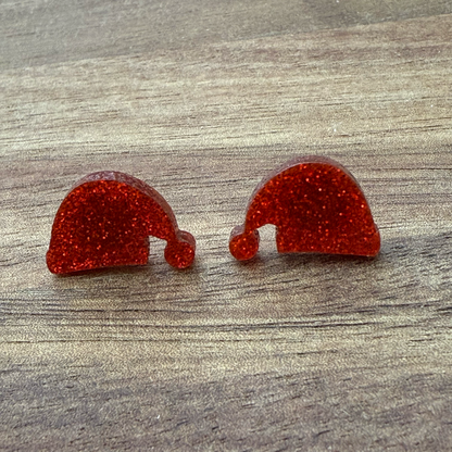 Red Glitter Santa Hat Acrylic Stud Earrings