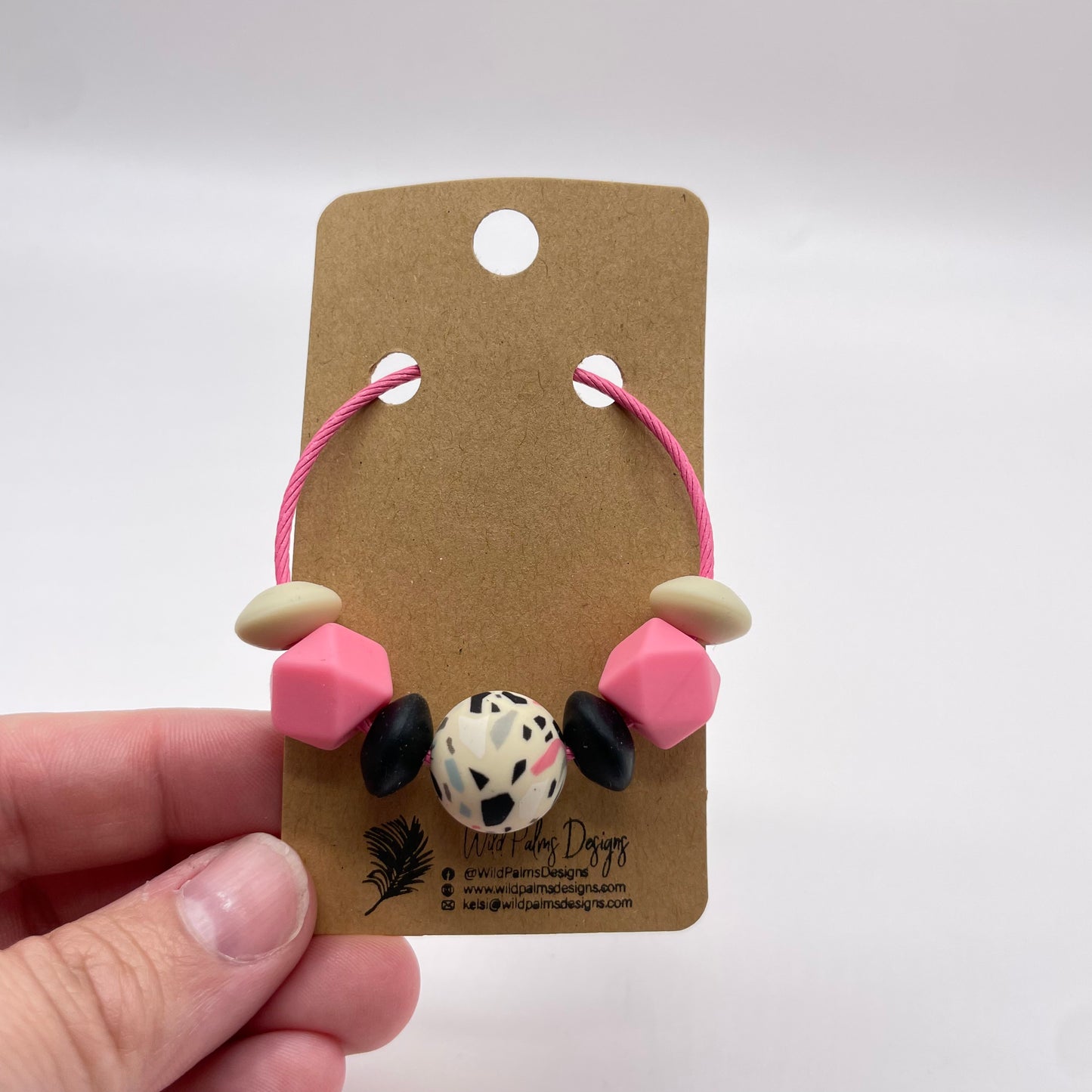 Retro Splatter Black Pink Tan Silicone Bead Bag Tag / Charm