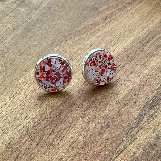 Red & White Glitter Acrylic Circle Stud Earrings