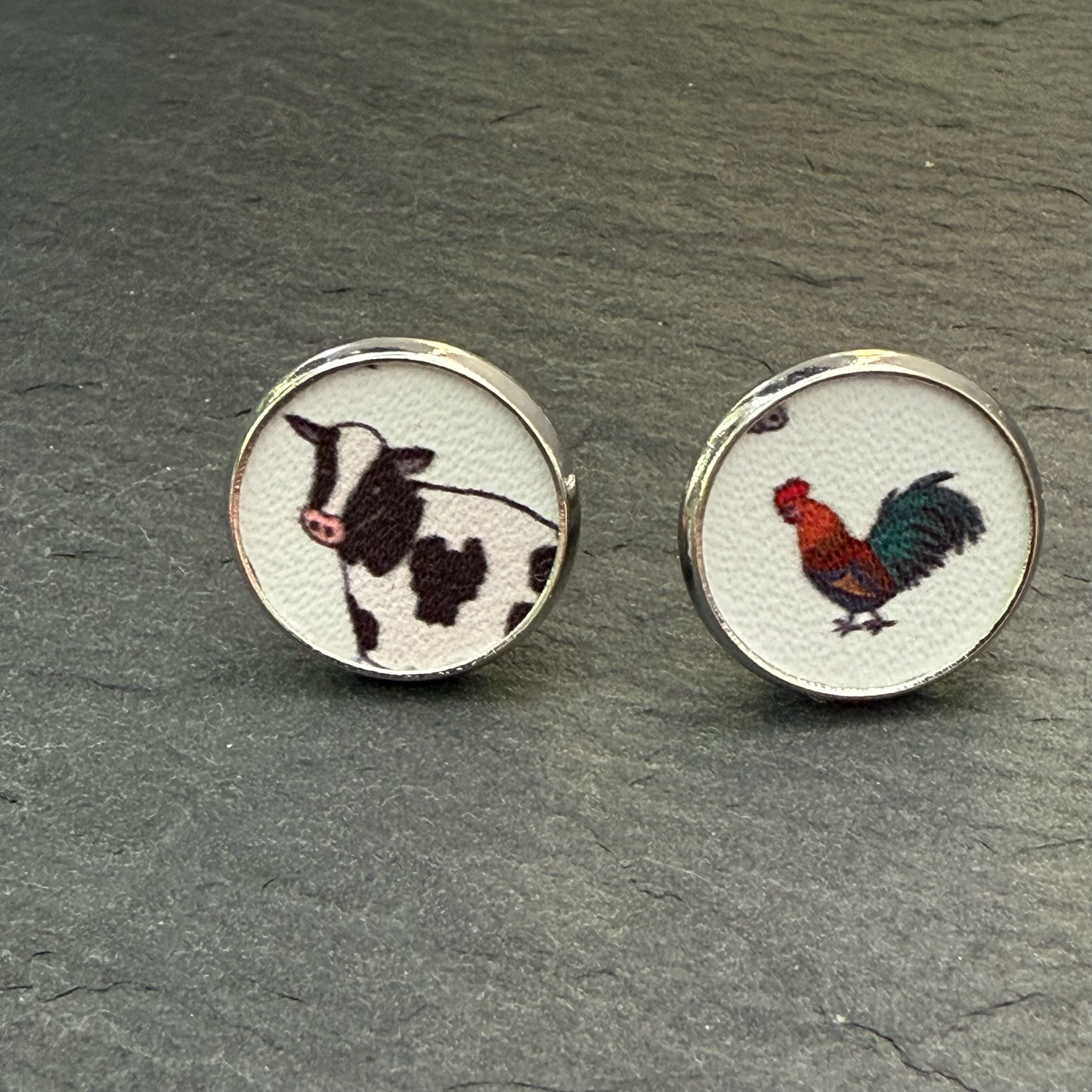 Cow & Rooster Circle Stud Earrings