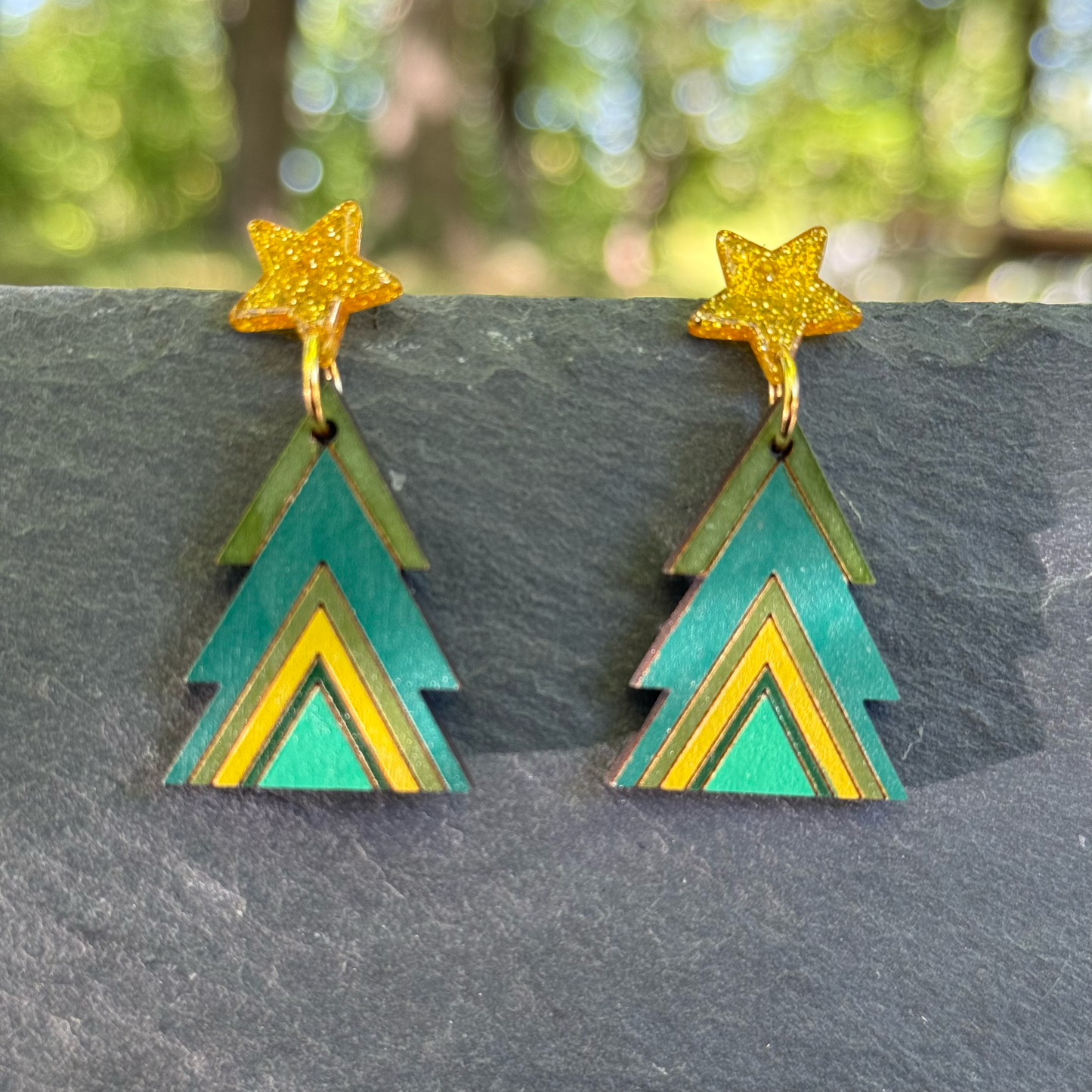 Christmas Triangle Tree Star Stud Dangle Earrings