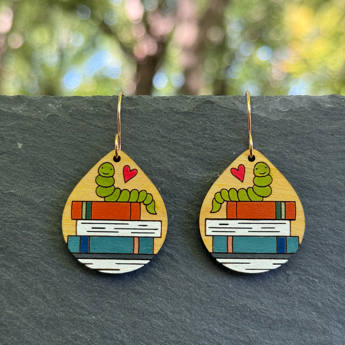 Book Worm Drop Dangle Earrings