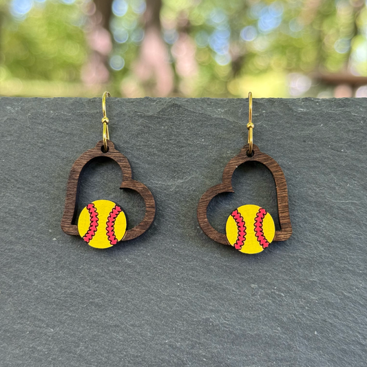 Softball Heart Drop Dangle Earrings