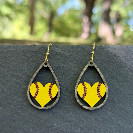 Softball Teardrop Heart Drop Dangle Earrings