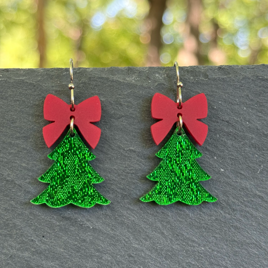 Tree with Bow Acrylic Drop Dangle Earrings