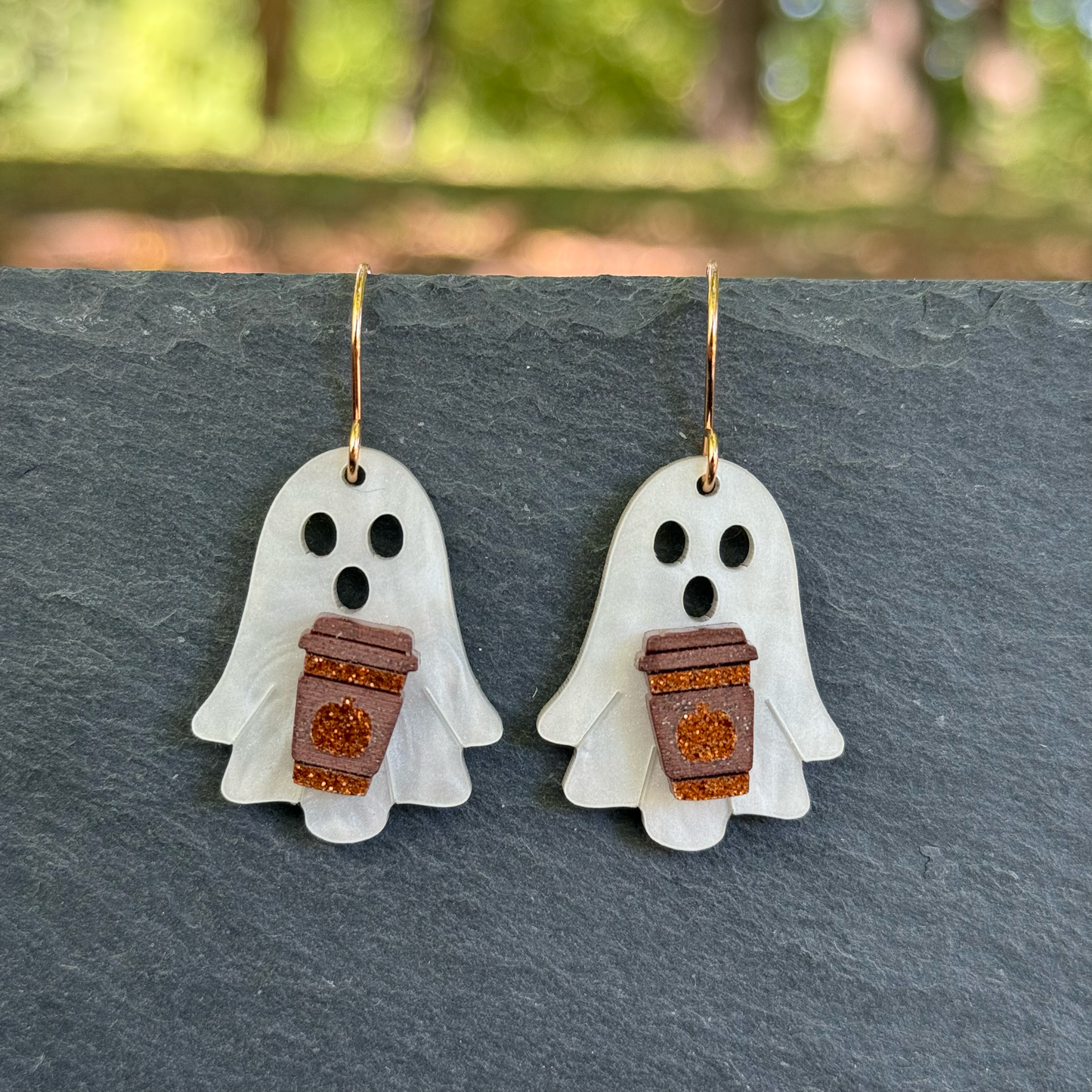 Ghost with Pumpkin Coffee Cup Acrylic Drop Dangle Earrings