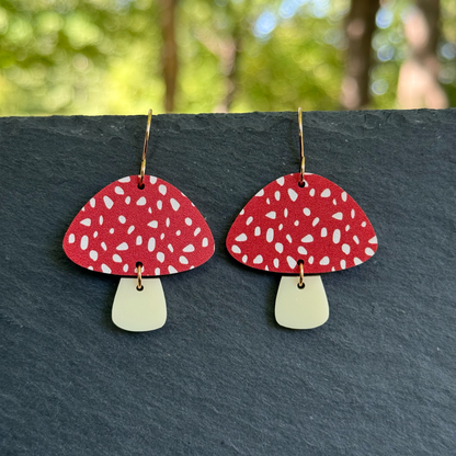 Red Spotted Mushroom Acrylic Drop Dangle Earrings