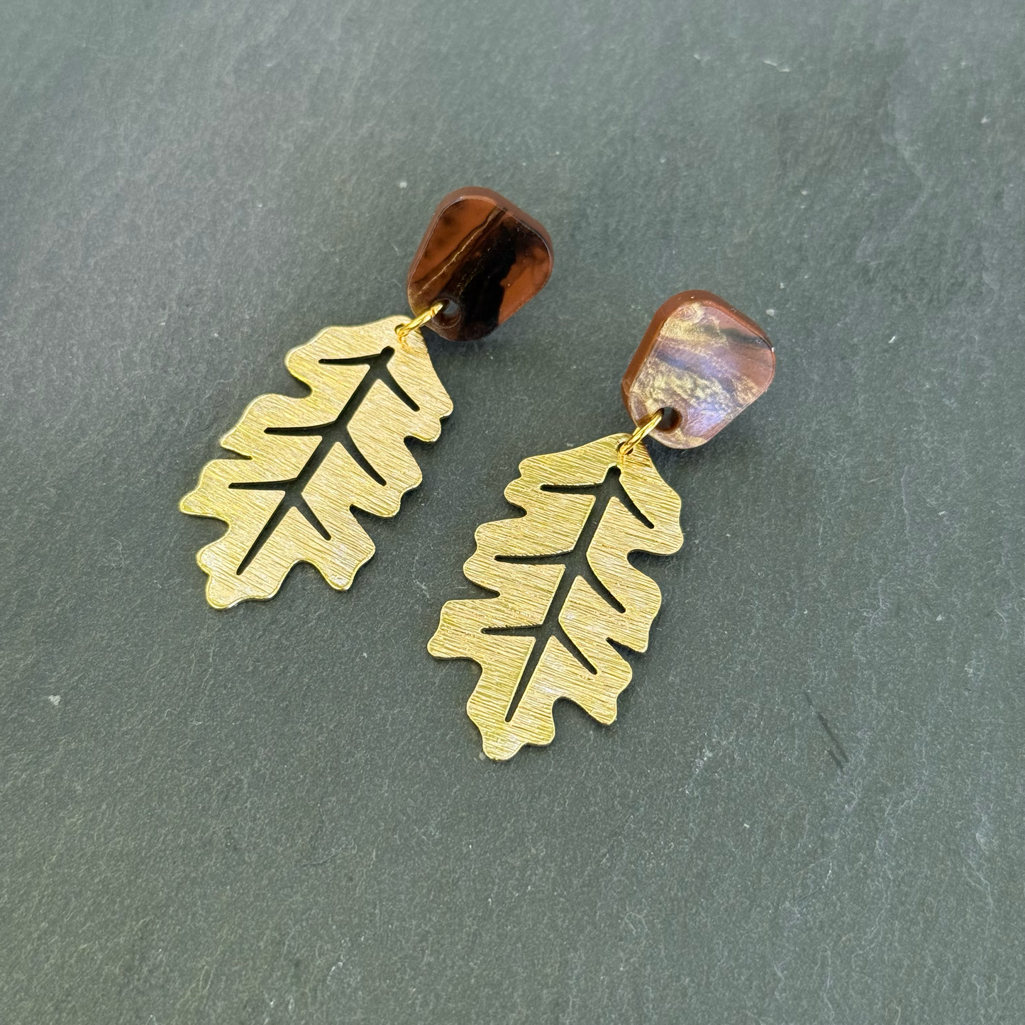 Gold Leaf with Swirl Acrylic Stud Dangle Earrings (