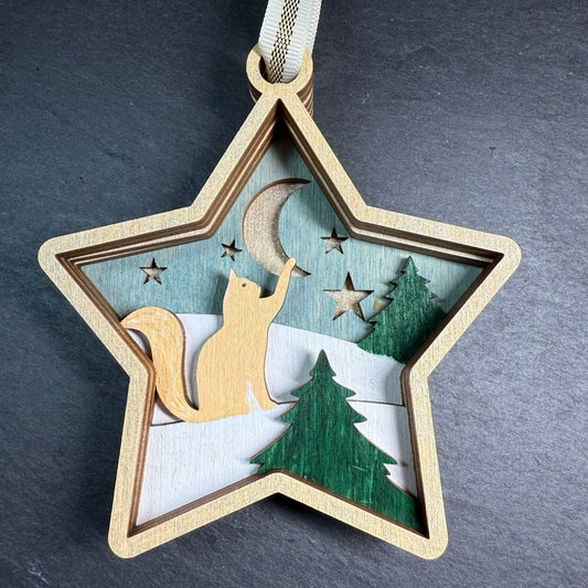 Cat & Moon Star Shaped Layered Wood Ornament