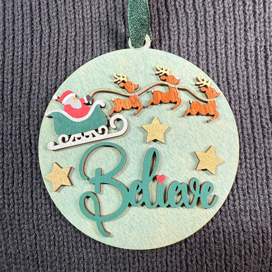 Round Sleigh & Reindeer "Believe" Layered Wood Ornament
