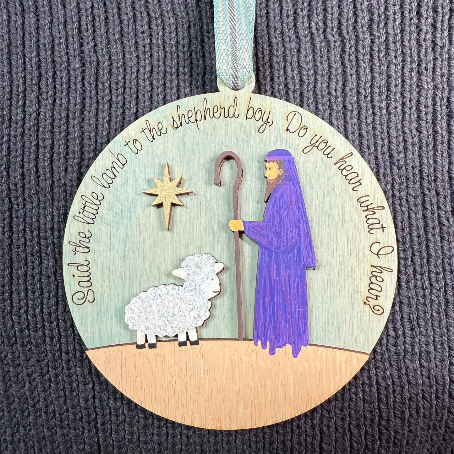 Round Shepard with Sheep Layered Wood Ornament