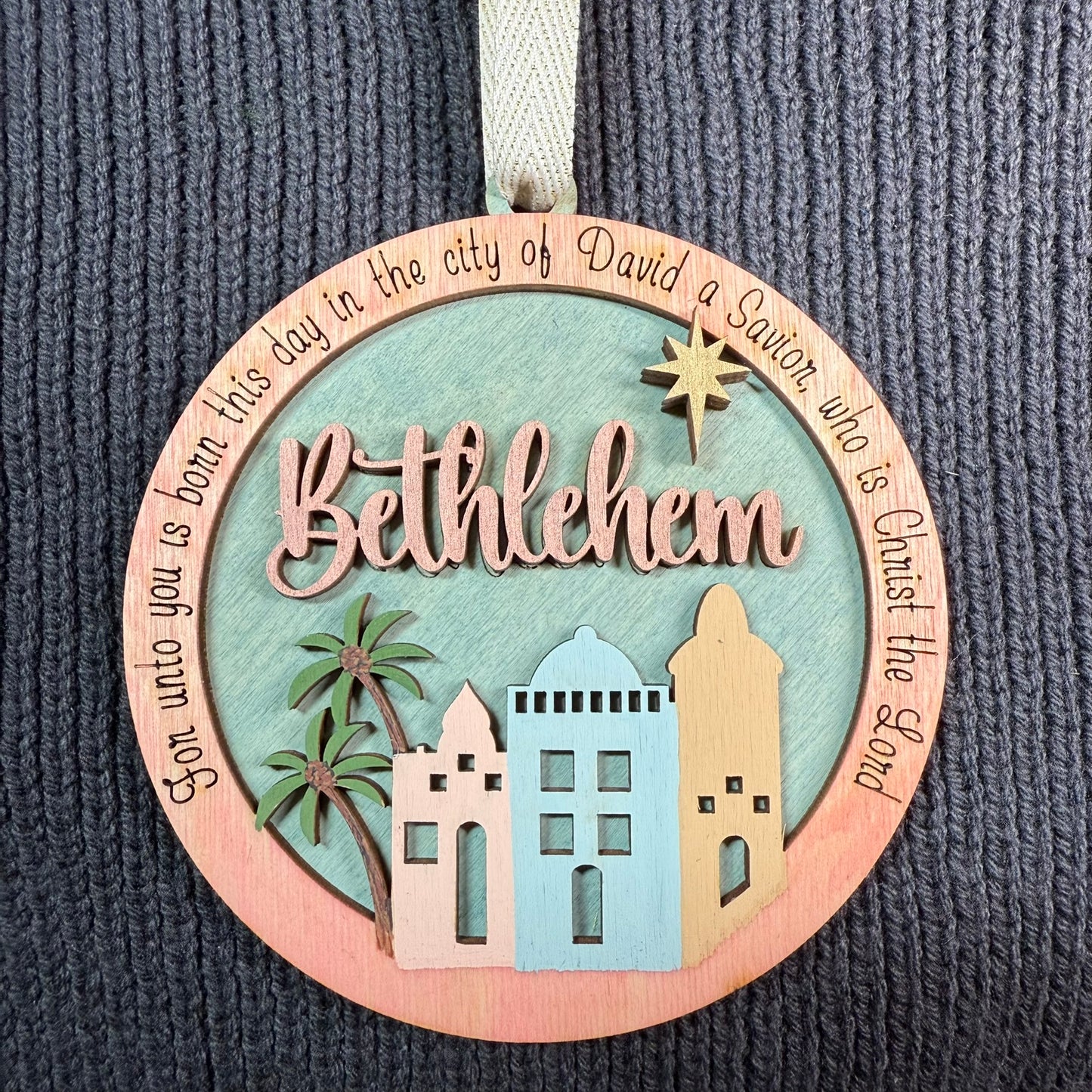 Round Bethlehem Layered Wood Ornament