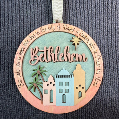 Round Bethlehem Layered Wood Ornament
